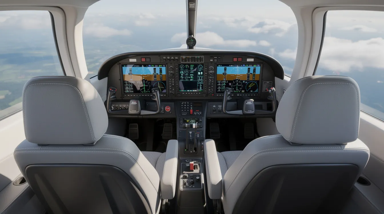 The image shows the interior cockpit view of a modern two-seat ultralight aircraft, featuring a sleek glass avionics panel and side-by-side seating for ultralight pilots. The cockpit is designed for flight training and recreational flying, with controls easily accessible for both the pilot and passenger.