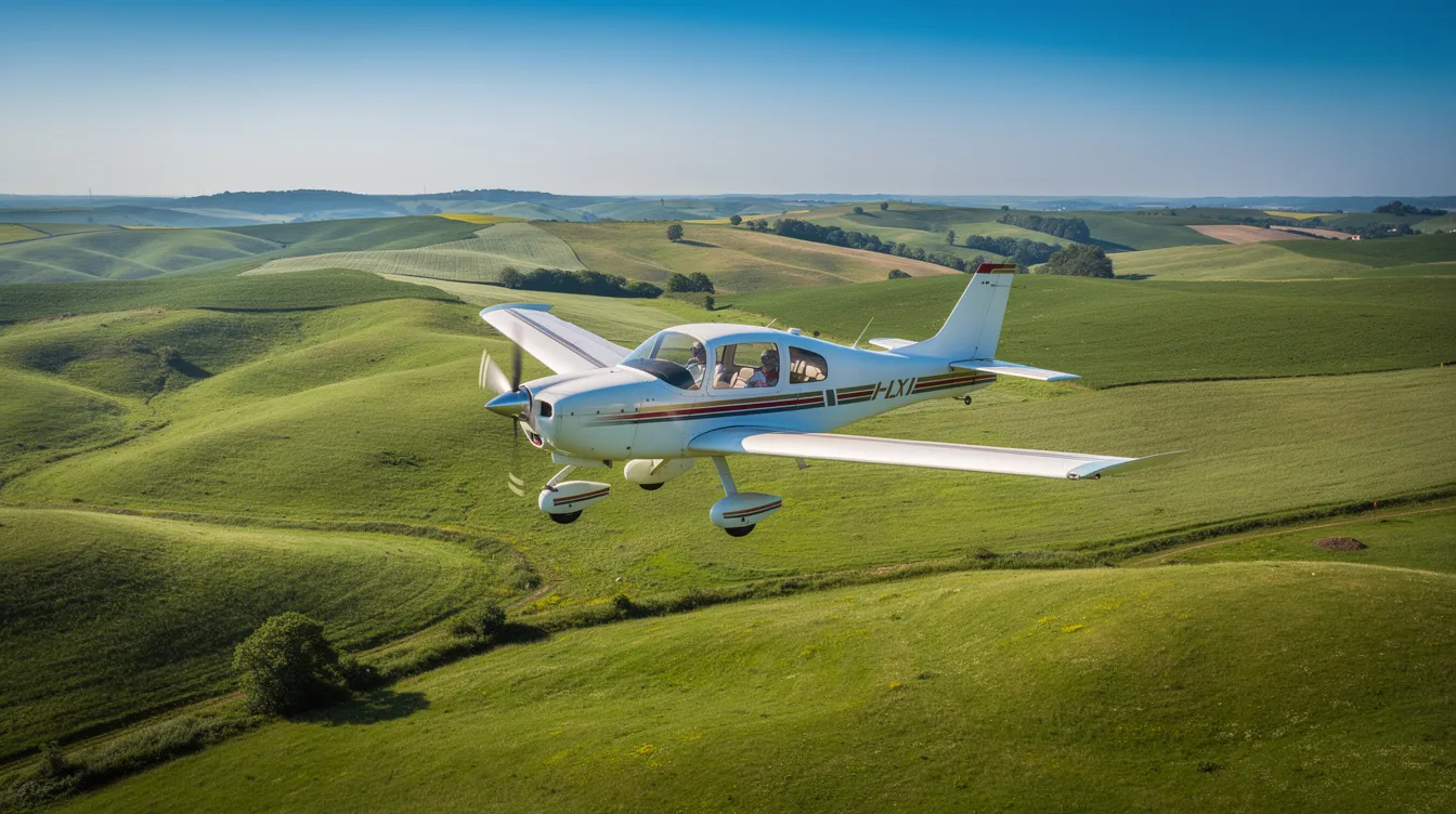 A small two-seat ultralight aircraft flies low over lush green rolling hills under a clear blue sky, showcasing the beauty of recreational flying. This light sport aircraft, ideal for ultralight pilots and flight training, glides effortlessly through the air, highlighting its sleek design and performance capabilities.