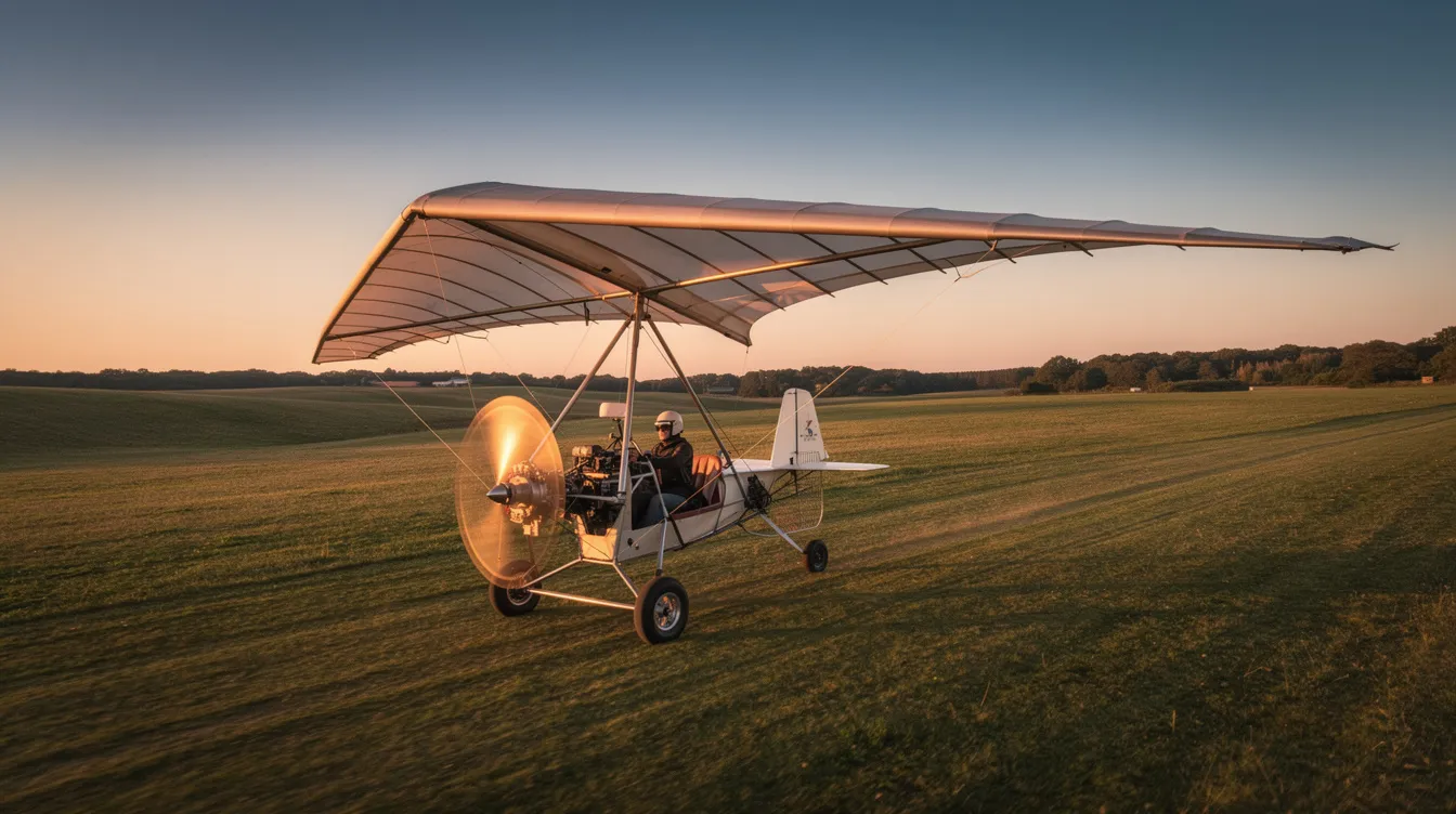 A vintage flex-wing trike aircraft, resembling a hang glider with its delta wing, flies low over a grassy field bathed in the warm hues of sunset. This microlight aircraft showcases the beauty of ultralight aviation as it glides gracefully through the evening sky.