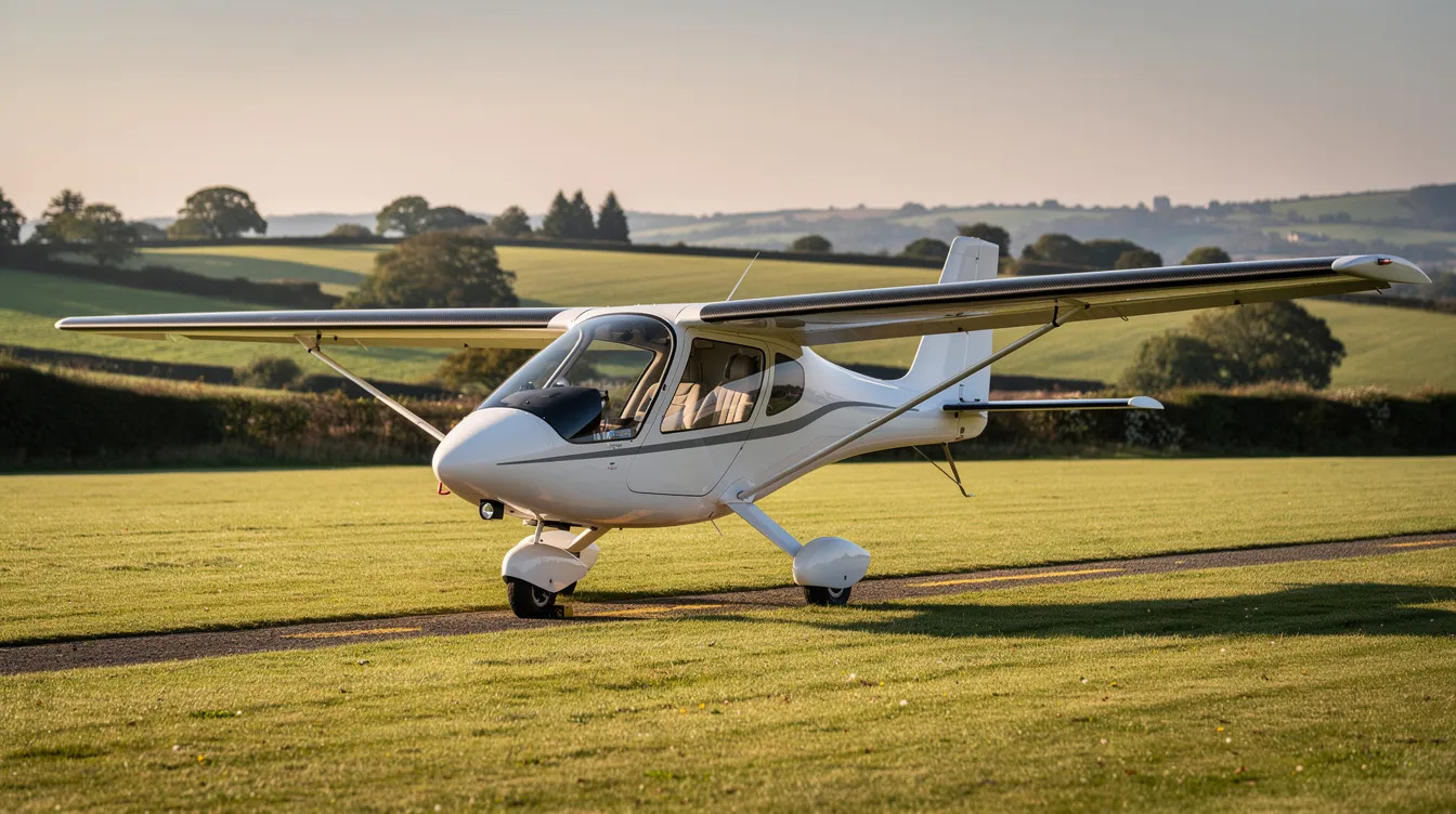 A modern composite fixed-wing microlight aircraft is parked on a grassy airstrip, with rolling hills visible in the background. This two-seat landplane, designed for recreational pilots, showcases a sleek design typical of microlight aviation.