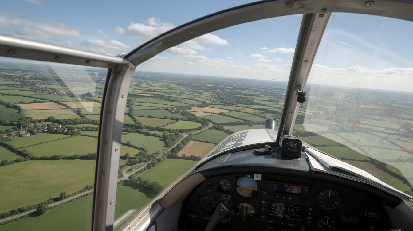 The image shows a cockpit view of a microlight aircraft, featuring an open canopy that reveals a lush green countryside below. The scene captures the essence of microlight aviation, offering a unique perspective for aviation enthusiasts as they fly over the tranquil landscape.