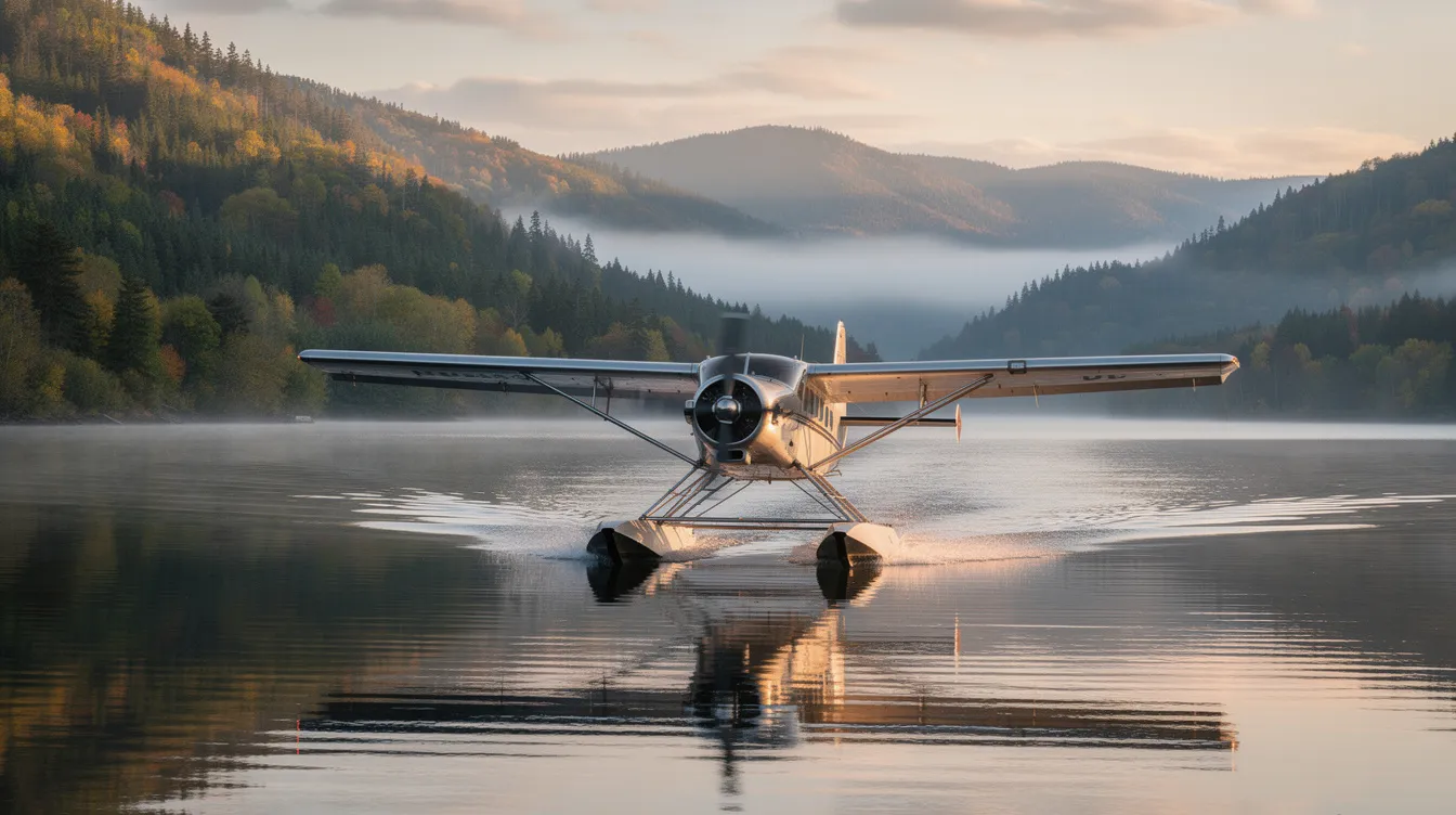 An amphibious seaplane, categorized as a light sport aircraft, is gracefully touching down on a calm lake, surrounded by lush forested hills. The aircraft features fixed landing gear and is designed for both water and land operations, showcasing the versatility of ultralight aircraft.