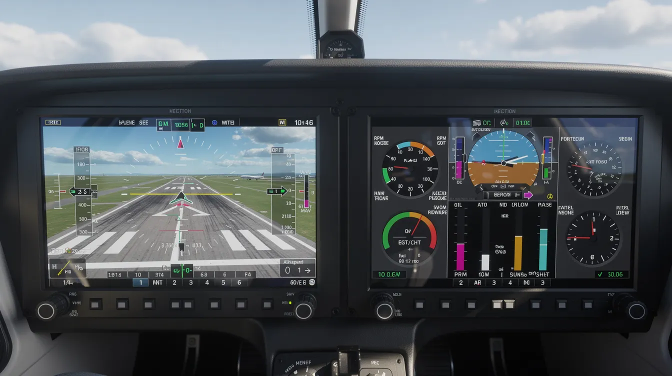 The image depicts a modern glass cockpit display inside a light sport aircraft, showcasing advanced synthetic vision technology alongside essential engine instruments. This cockpit is designed for sport pilots, providing a clear and intuitive interface for flight training and navigation.