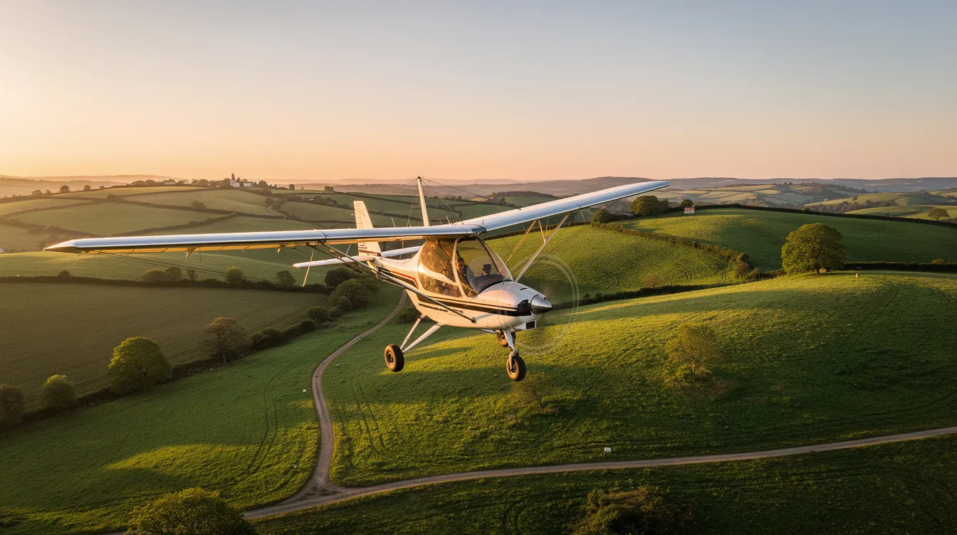 An ultralight aircraft gracefully soars low over lush, rolling green countryside during the golden hour, casting a warm glow across the landscape. The small plane, designed for sport pilots, showcases its fixed landing gear as it glides effortlessly through the evening sky.