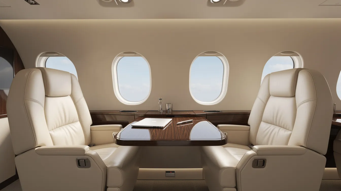 The image depicts the interior of a modern turboprop cabin featuring sleek leather seats, large windows allowing natural light, and a polished wood table, creating a comfortable environment for passengers in this general aviation aircraft. This efficient personal aircraft design emphasizes comfort and style, ideal for aviation enthusiasts and those seeking a high-quality flying experience.