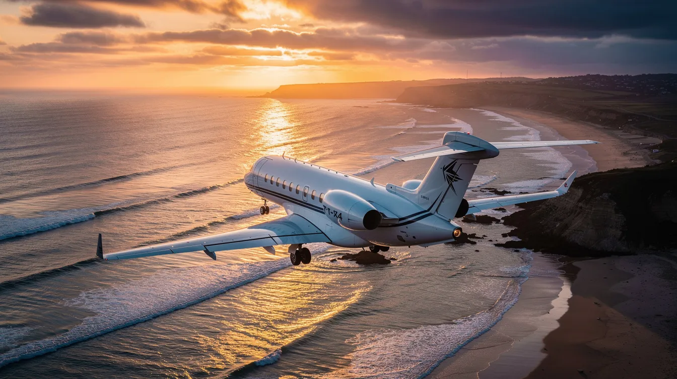 A light jet, representing modern aviation technology, soars above a stunning coastline at sunset, casting golden reflections on the water below. This flying aircraft embodies efficient performance and affordability, appealing to aviation enthusiasts and pilots alike.