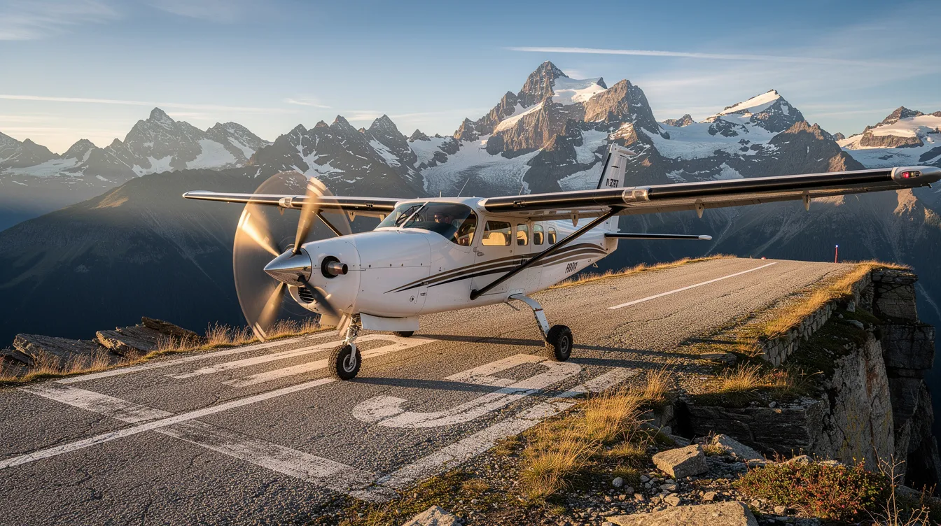A single-engine turboprop aircraft is parked on a short mountain airstrip, surrounded by stunning snow-capped peaks, showcasing the beauty of general aviation. This personal aircraft offers efficient performance for pilots and aviation enthusiasts seeking adventure in the skies.