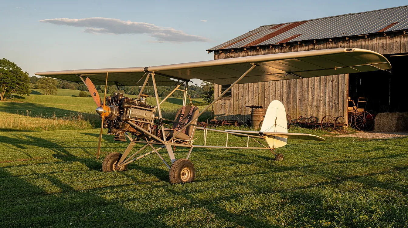 A small high-wing pusher ultralight aircraft is parked on a grassy strip next to a rustic rural barn, showcasing its lightweight design and compact size typical of light sport aircraft. This personal aircraft is ideal for ultralight pilots seeking recreational flying experiences in open, uncontrolled airspace.