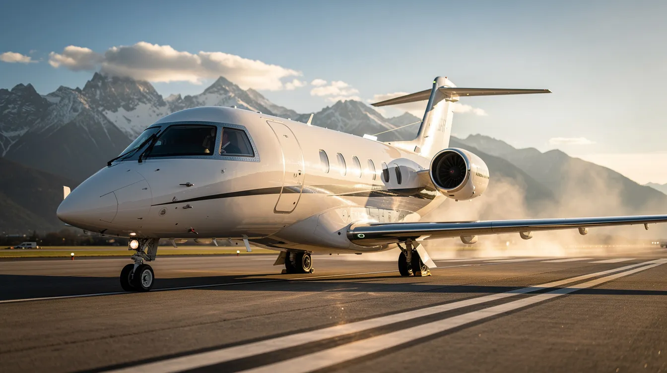 A sleek modern light jet is taxiing on a runway with majestic mountains in the background, showcasing the beauty of ultralight aviation. The aircraft, designed for efficiency and speed, represents the advancements in light sport aircraft technology.
