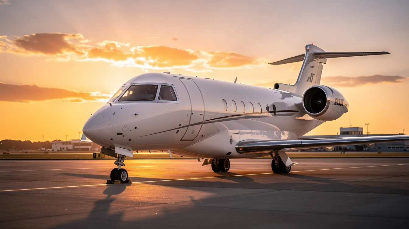 A sleek Cessna single engine aircraft is parked on the tarmac during golden hour, with a warm sunset sky casting a beautiful glow over its fuselage and wings. The scene captures the essence of flight and the elegance of private aviation, highlighting the aircraft's performance and design.
