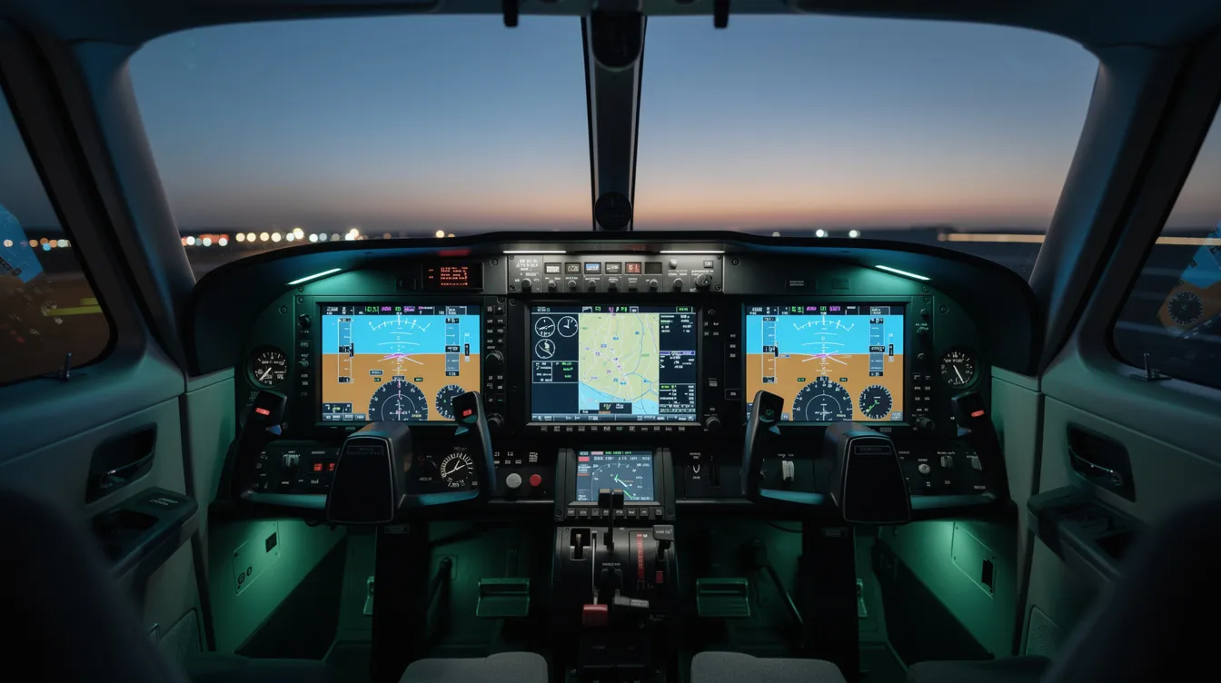 The image features a modern glass cockpit of a single engine piston aircraft, showcasing illuminated digital flight displays that provide essential information to pilots. The scene is set at dusk, highlighting the advanced technology used in pilot training and the operation of small aircraft like those from the Cessna Aircraft Company.