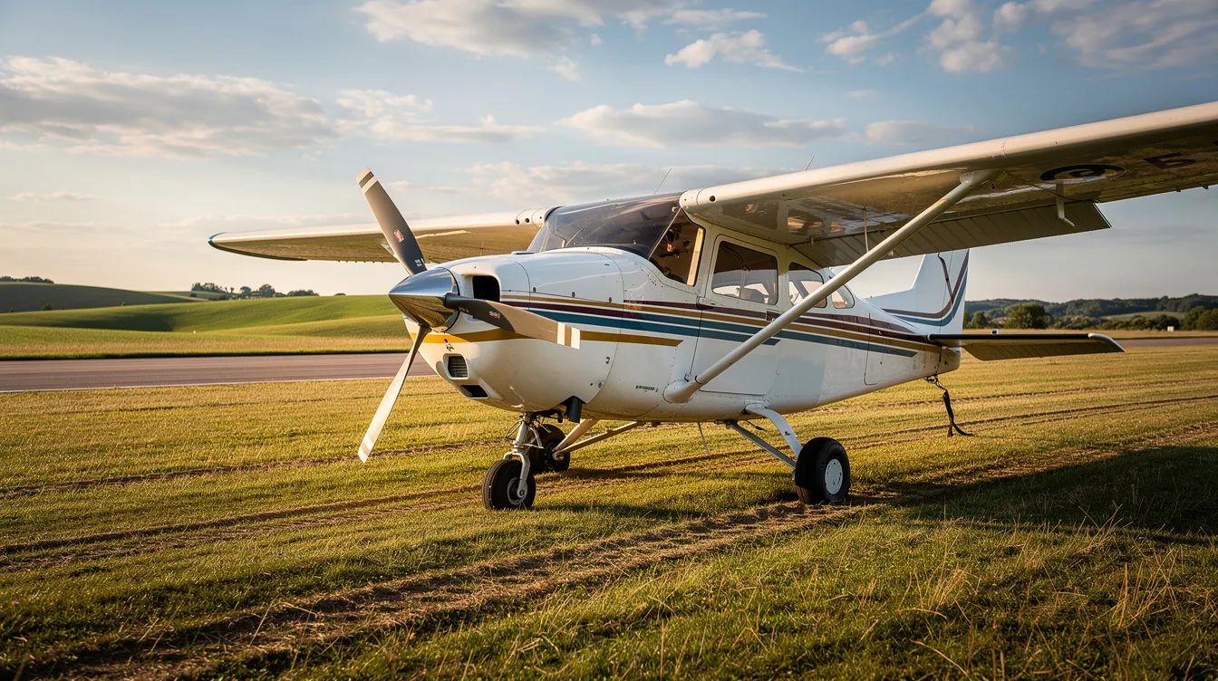 A small high-wing single engine aircraft, resembling a Cessna model, is parked on a grassy airstrip with rolling hills in the background, showcasing its sturdy landing gear and wings. This scene captures the essence of pilot training and the versatility of single engine piston aircraft, ideal for student pilots and flight schools.