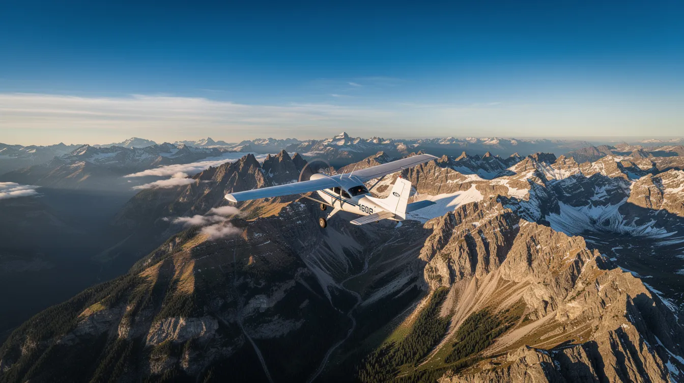 A small Cessna single engine aircraft is soaring over dramatic mountain terrain, showcasing snow-capped peaks beneath it. The scene highlights the aircraft's performance and versatility as it navigates the stunning landscape, ideal for student pilots training in flight schools.
