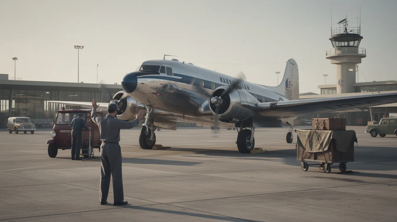 A vintage propeller-driven passenger aircraft is parked on a tarmac, with ground crew members attending to it in a mid-twentieth-century airport setting. The scene captures the charm of early air travel, showcasing the aircraft's distinctive design and the bustling atmosphere of a historical airport.