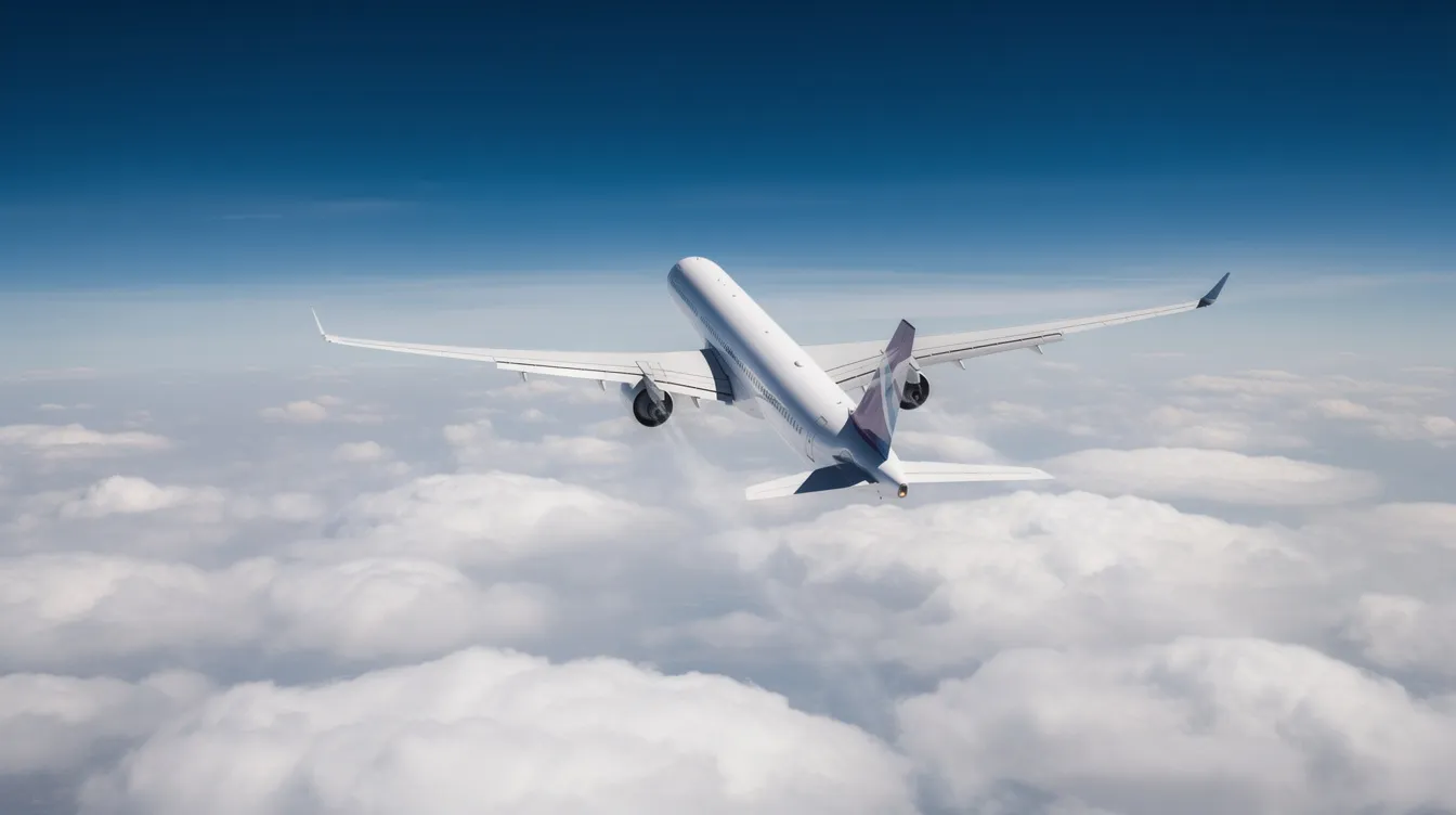 A modern commercial jet airliner, soaring at high altitude above a sea of clouds, is set against a backdrop of a clear blue sky. This wide body aircraft symbolizes contemporary air travel, showcasing the advancements in aviation technology.