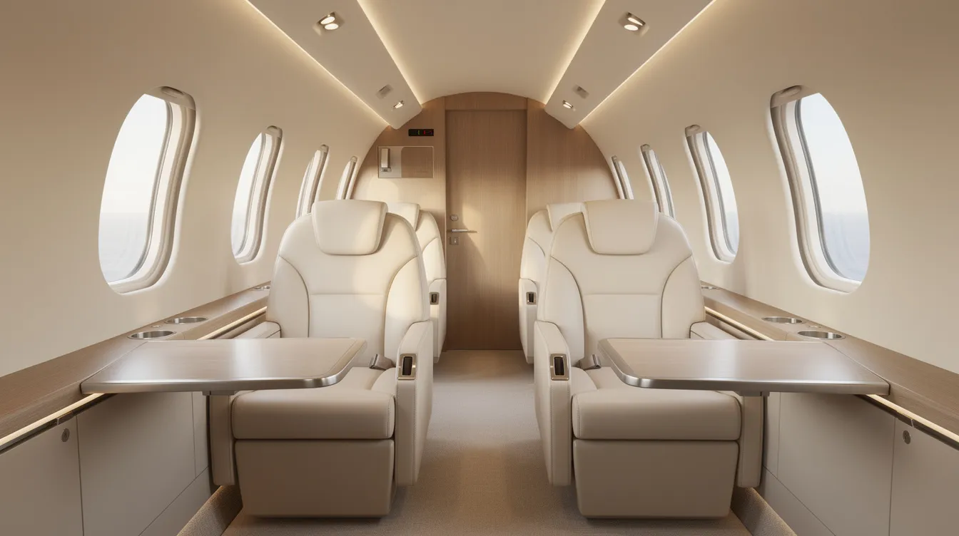 The image depicts the interior of a modern light jet cabin featuring cream leather seats, large oval windows, and warm ambient lighting, designed for comfort during flights. This stylish cabin space is ideal for a few passengers, enhancing the overall experience of personal jet travel in the light jet category.
