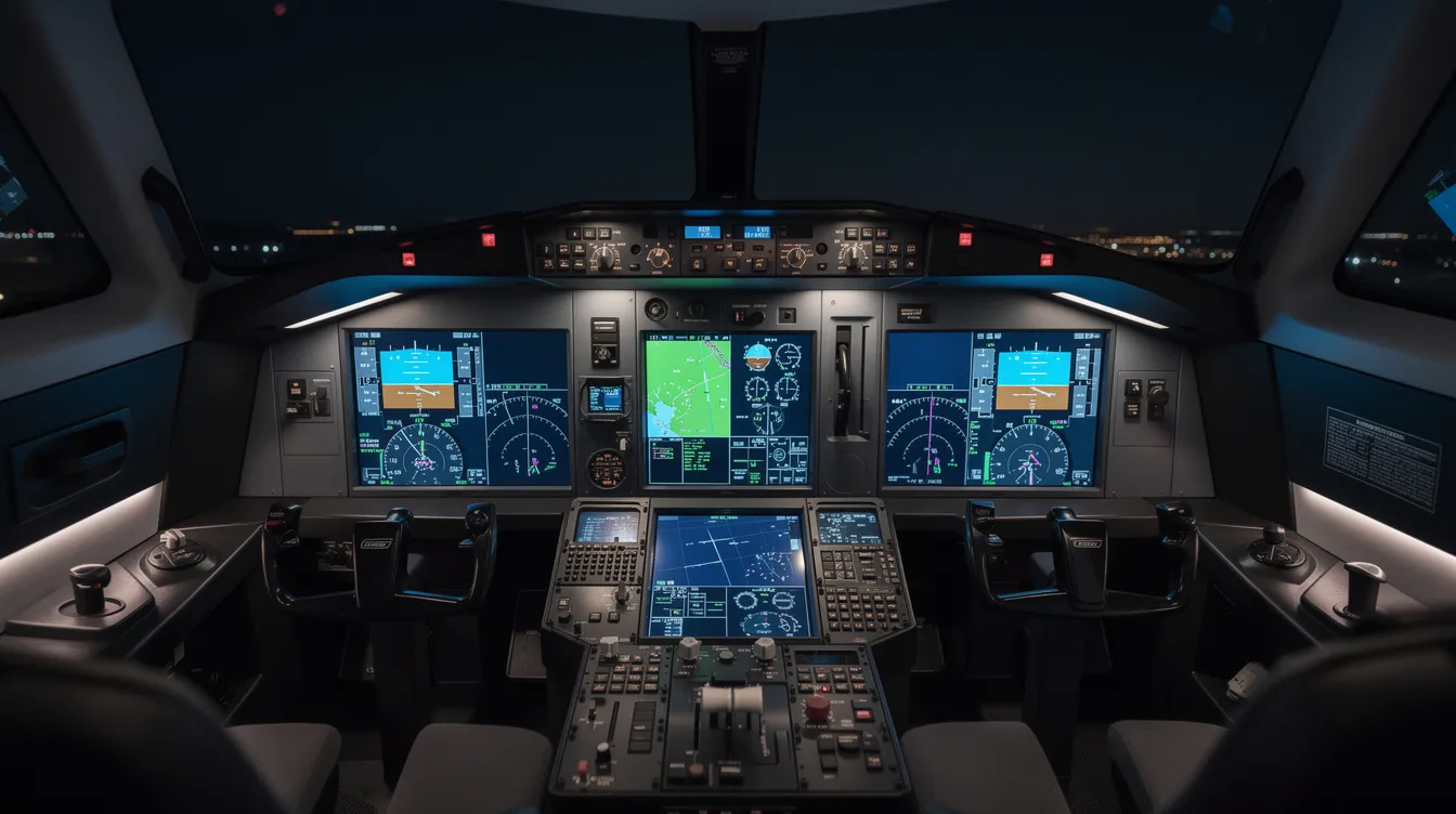 The image showcases a modern glass cockpit of a light jet, illuminated by large digital displays glowing in blue and green hues during nighttime. This advanced flight deck is designed for single pilot operations, featuring cutting-edge technology essential for personal jet travel.