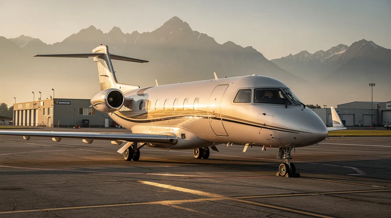 A sleek light jet, possibly a Cirrus Vision Jet or Cessna Citation Mustang, is parked on the tarmac of a small regional airport, with majestic mountains in the background during golden hour. The aircraft is designed for single pilot operations and offers a comfortable cabin space for a few passengers, showcasing the best features of the light jet category.