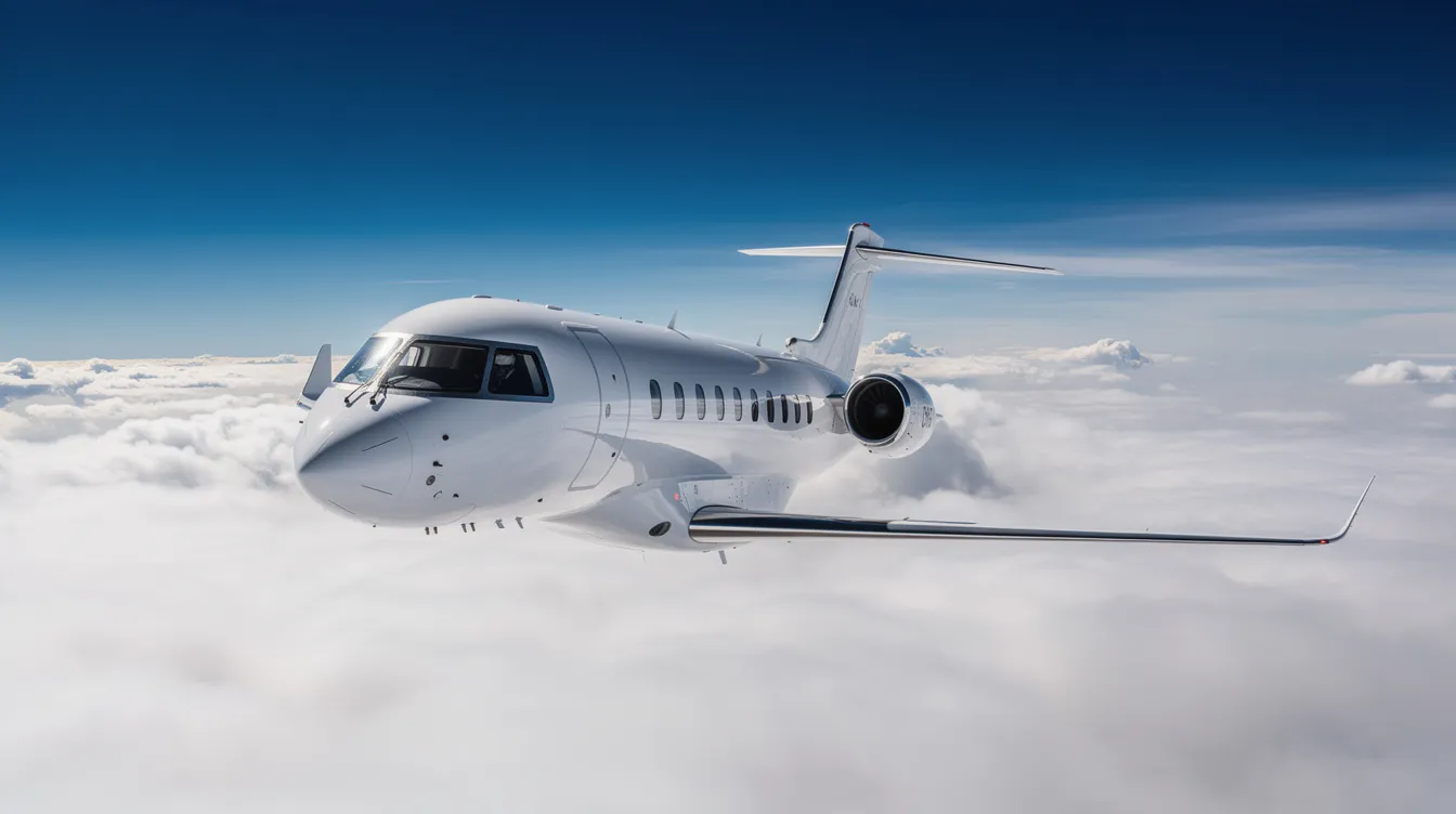A sleek white private jet, resembling the HondaJet Elite II, gracefully soars above a layer of fluffy white clouds against a brilliant blue sky, showcasing its advanced avionics and fuel efficiency. This light jet, designed for up to seven passengers, epitomizes luxury and comfort in aviation.