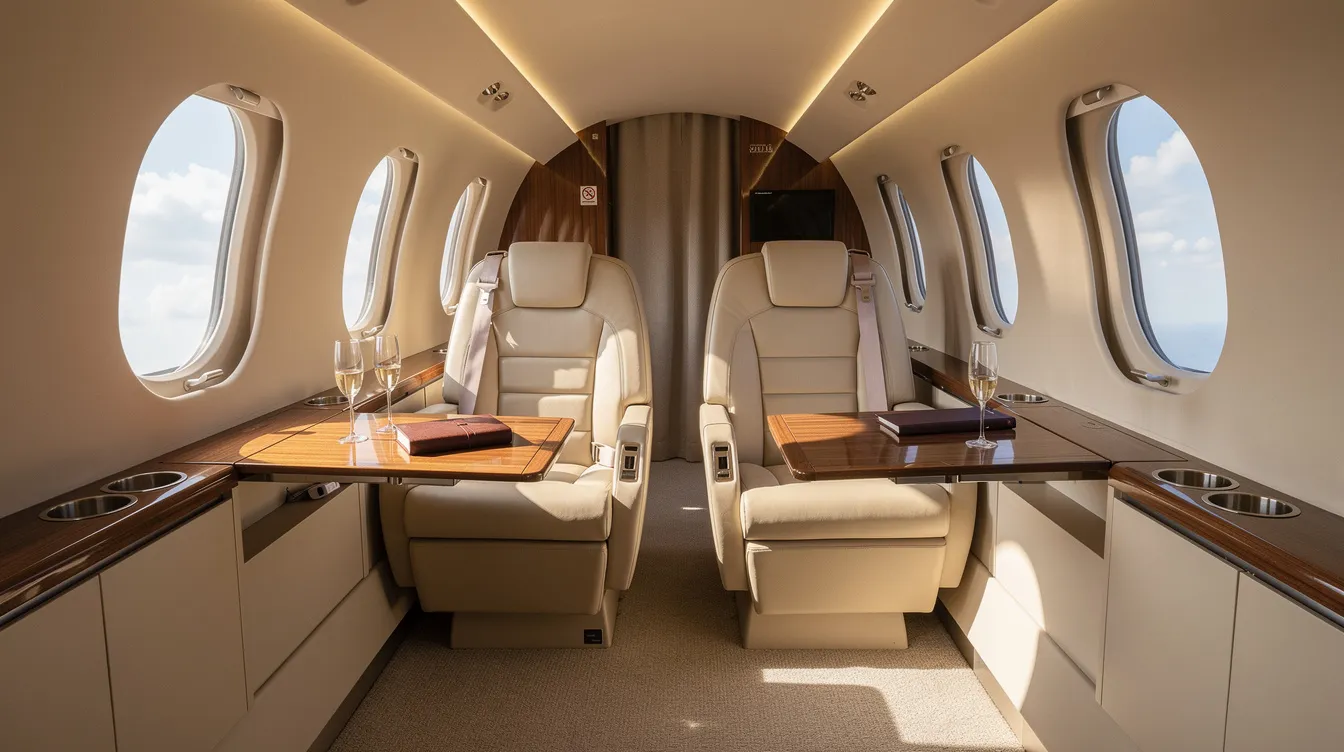 The image depicts the interior of a luxurious small private jet, featuring cream leather club seats arranged to face each other, creating a comfortable and elegant space for up to seven passengers. Natural light floods the cabin through oval windows, enhancing the sophisticated atmosphere typical of Honda Aircraft Company's Hondajet models.