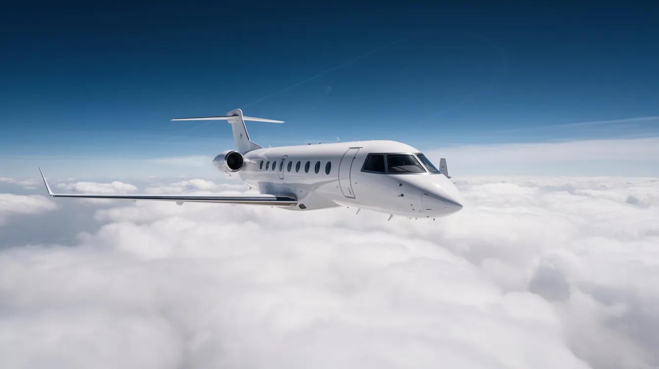 A sleek business jet, a type of fixed wing aircraft, soars gracefully above a thick layer of white clouds under a clear blue sky, showcasing the elegance of modern aviation. The aircraft's jet engine generates thrust, allowing it to maintain high altitude and powered flight, embodying the advancements in the aviation industry.