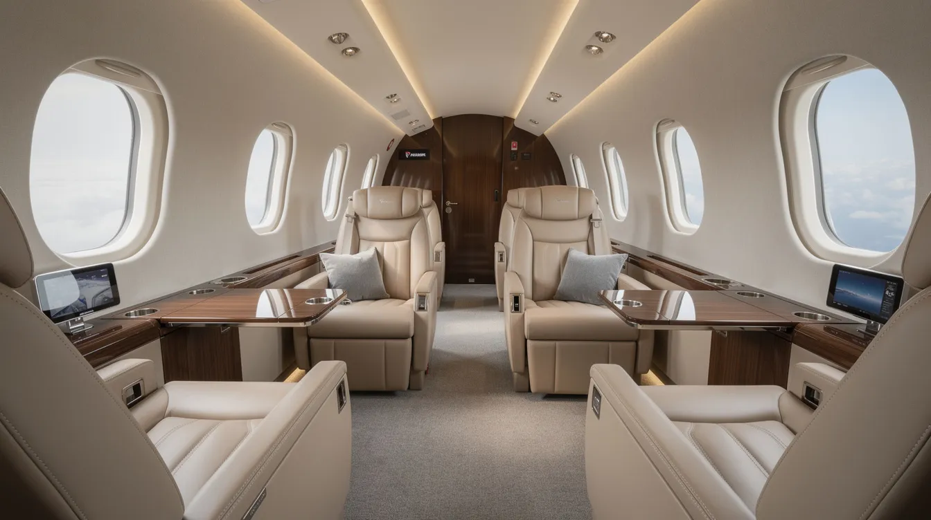 The image depicts the interior of a modern large-cabin private jet, featuring luxurious leather club seats, elegant polished wood accents, and a warm ambiance created by soft lighting. This sophisticated setting exemplifies the comfort and style associated with private air travel, ideal for passengers seeking a premium flying experience.