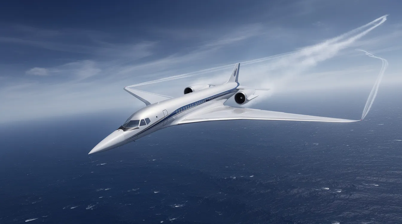 A futuristic supersonic passenger aircraft with sleek, swept wings soars at high altitude above the ocean, showcasing its ability to fly at supersonic speeds and revolutionize commercial aviation. The aircraft represents the next generation of commercial supersonic flight, promising improved fuel efficiency and reduced travel times across long distances.