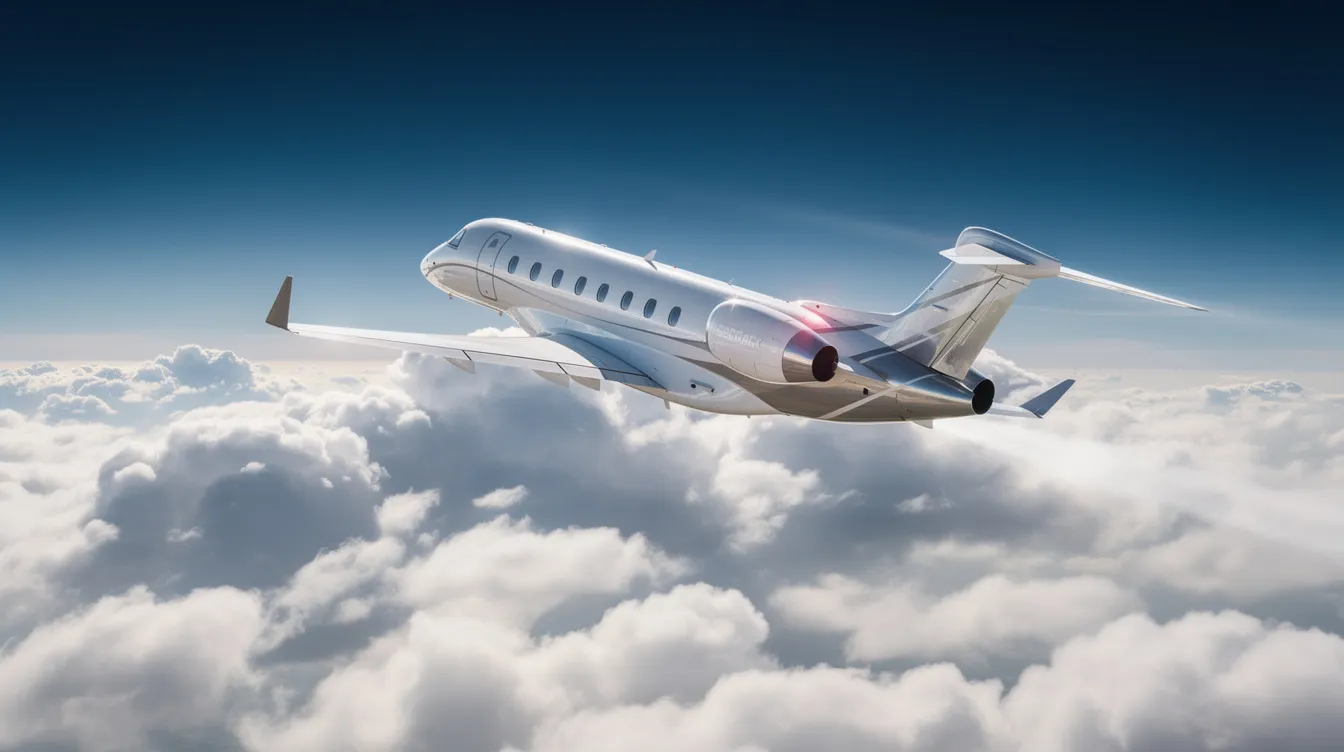 A sleek private jet ascends steeply through a layer of clouds, with a bright blue sky above, showcasing the elegance of modern aircraft designed for high speeds and fuel efficiency. This image captures the essence of supersonic travel, as the jet climbs towards cruising altitude, embodying the future of private aviation.
