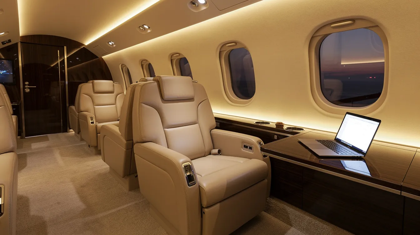 The image depicts the interior of a modern private jet cabin featuring luxurious leather seats, ambient lighting, and a laptop open on a side table, creating a sophisticated environment for supersonic travel. This elegant setting highlights the comfort and efficiency associated with private jets, designed for high-speed journeys.