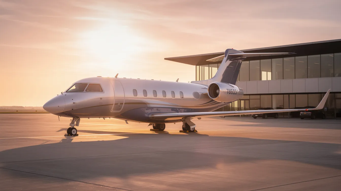 A sleek modern private jet is parked on the tarmac at a private aviation terminal, bathed in the warm glow of golden hour. The aircraft's elegant design stands out against the backdrop of the terminal, showcasing the luxury and sophistication associated with private aviation.