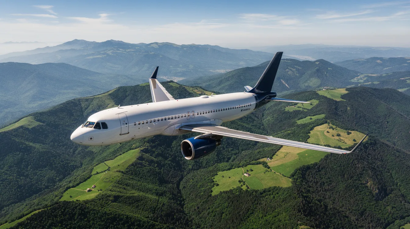 A modern Airbus A380, recognized as the world's largest passenger aircraft, soars gracefully above a lush green mountainous landscape under clear blue skies, showcasing its impressive size and sleek design in flight. This widebody commercial aircraft is a marvel of the aviation industry, known for its high passenger capacity and fuel efficiency.