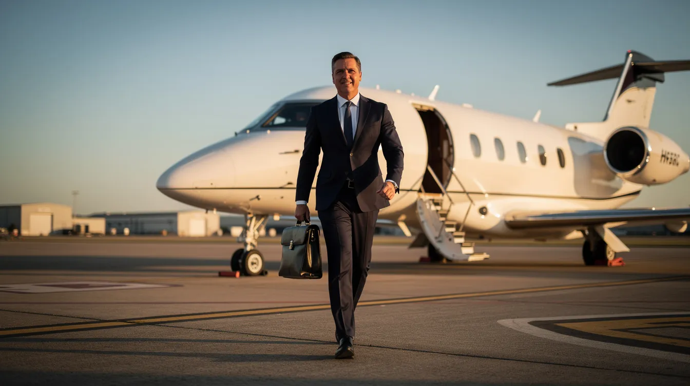 A business executive is walking towards a sleek private jet on a private airport tarmac, carrying a briefcase. The jet, a symbol of luxury and efficiency, represents the pinnacle of commercial aviation with its advanced technology and spacious design.