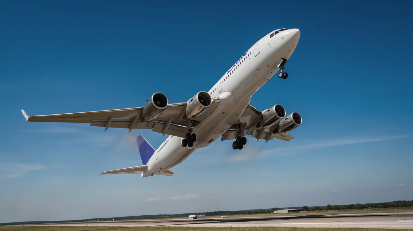 A large four-engine Airbus A380, recognized as the world's largest passenger aircraft, is climbing into a clear blue sky shortly after takeoff. This widebody commercial aircraft is known for its maximum seating capacity and advanced technology, making it a popular choice among several airlines for long haul flights.