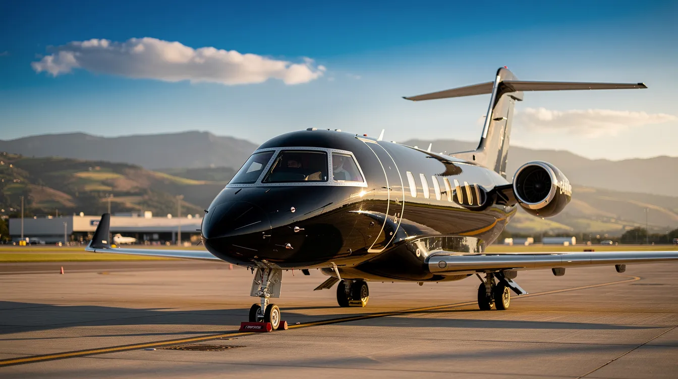 A sleek black private jet is parked on a sunny tarmac, with a stunning background view that enhances its luxurious appearance. This image captures the elegance of the aircraft, which is often associated with first-class travel and exclusive flight experiences.