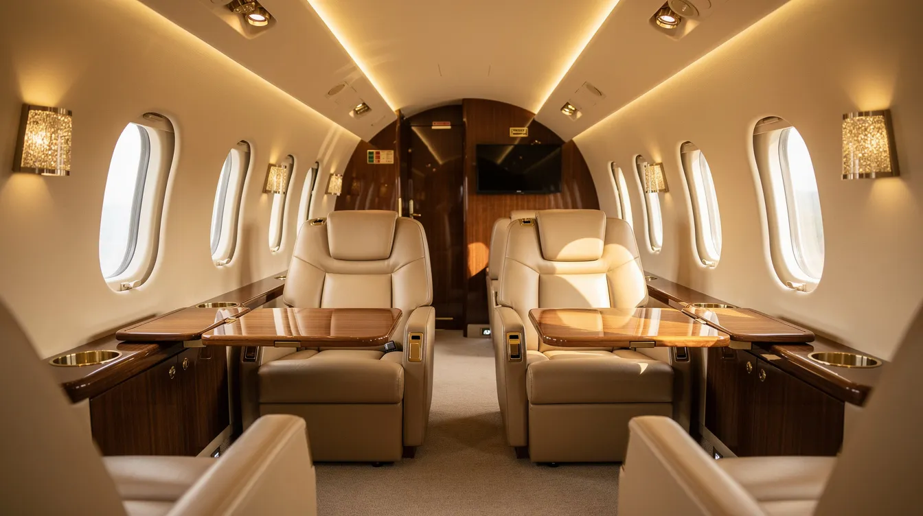 The image showcases the luxurious interior of a private jet, featuring plush leather club seating arranged in a cozy cabin layout, complemented by warm ambient lighting. This elegant space is designed for comfort and exclusivity, ideal for discerning passengers seeking a first-class experience while flying.
