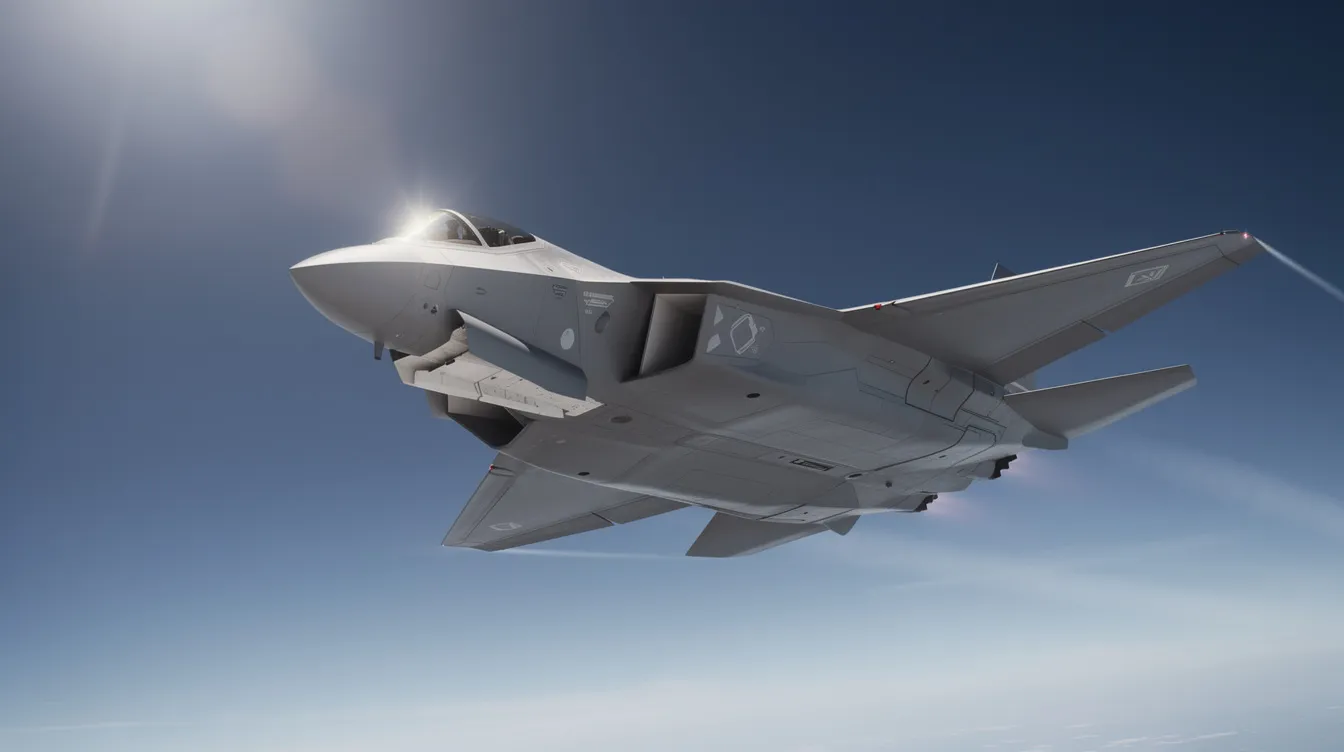 A modern stealth fighter jet, resembling the F-35 Lightning II, is banking gracefully through a clear blue sky, with sunlight glinting off its sleek fuselage. This advanced military aircraft showcases cutting-edge stealth technology and represents the pinnacle of air superiority in contemporary air combat.