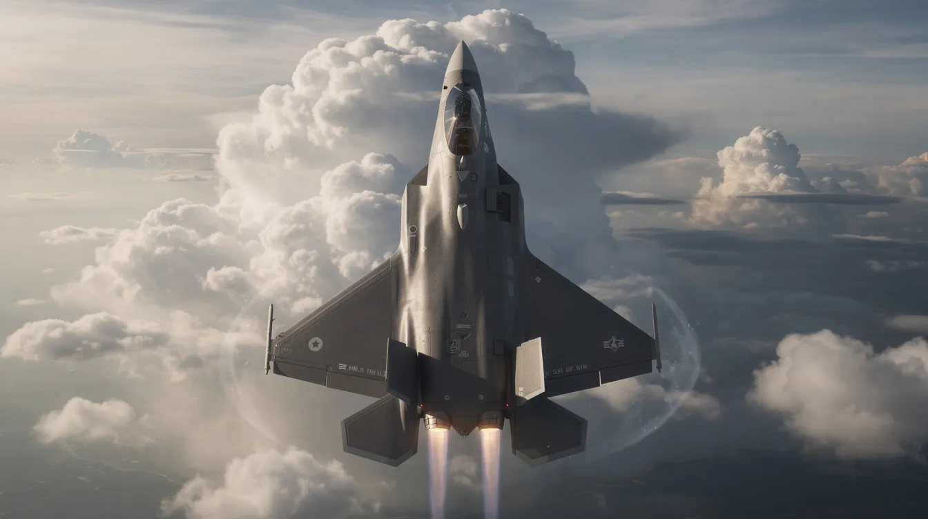 A twin-engine fighter jet, similar to the advanced F-35 Lightning II, is depicted in a steep climb against a backdrop of dramatic clouds, highlighting its agility and power as a modern military aircraft designed for air superiority and air combat. This image captures the essence of cutting-edge air force technology, showcasing one of the best fighter jets in the world.
