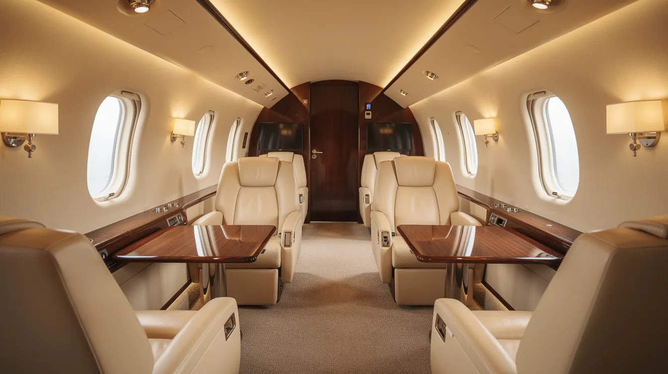 The image showcases a luxurious private jet interior featuring plush cream leather seats, warm ambient lighting, and a polished wood table, exuding elegance and comfort. This opulent setting contrasts sharply with the rugged functionality of military aircraft like the world's best fighter jets, designed for air superiority and advanced combat missions.