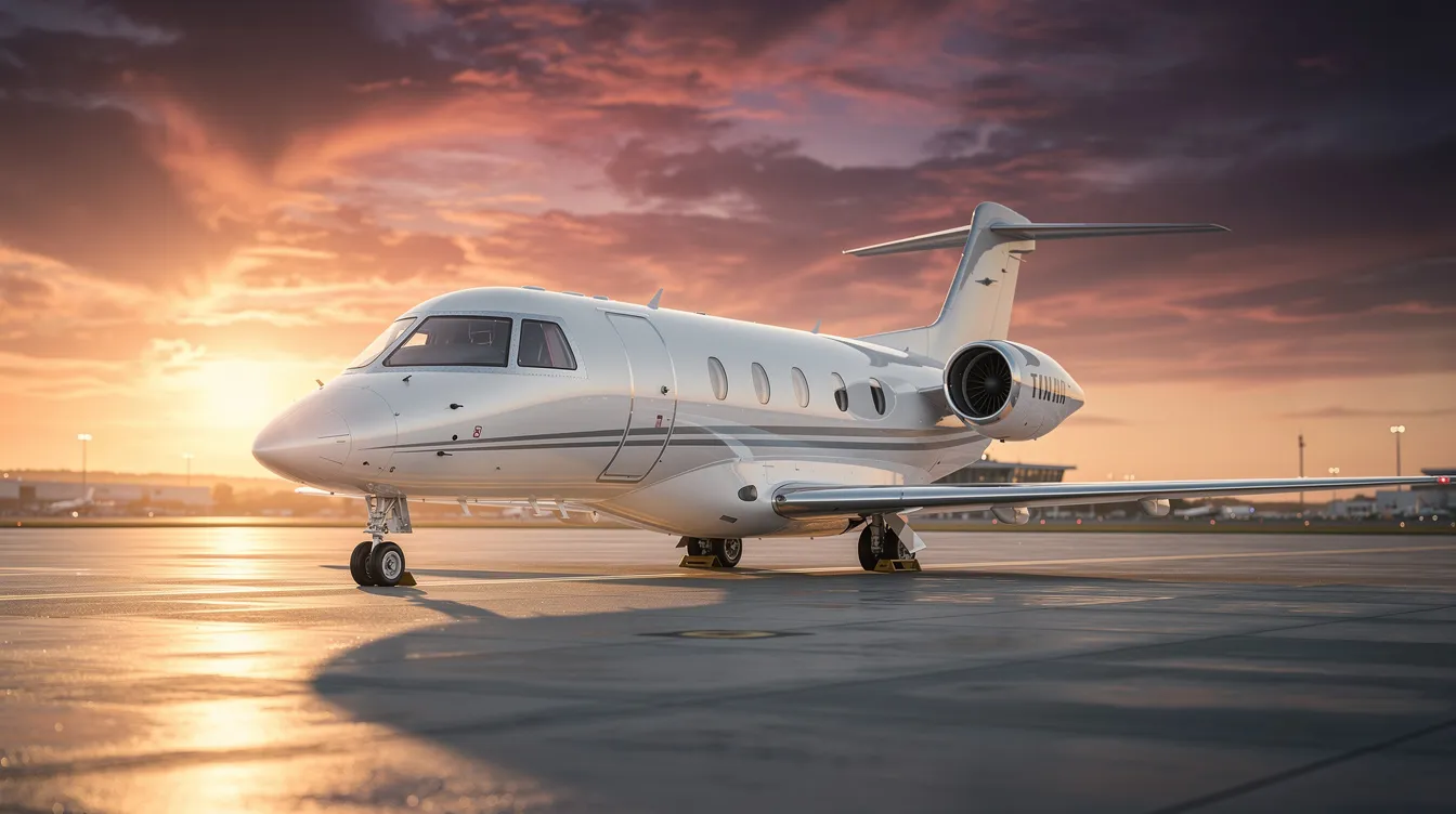 A sleek light business jet, specifically a HondaJet Elite II, is parked on a tarmac at sunset, with a dramatic sky casting vibrant colors in the background. The aircraft showcases its advanced performance features and efficient engines, emphasizing the luxury and innovation of the Honda Aircraft Company.