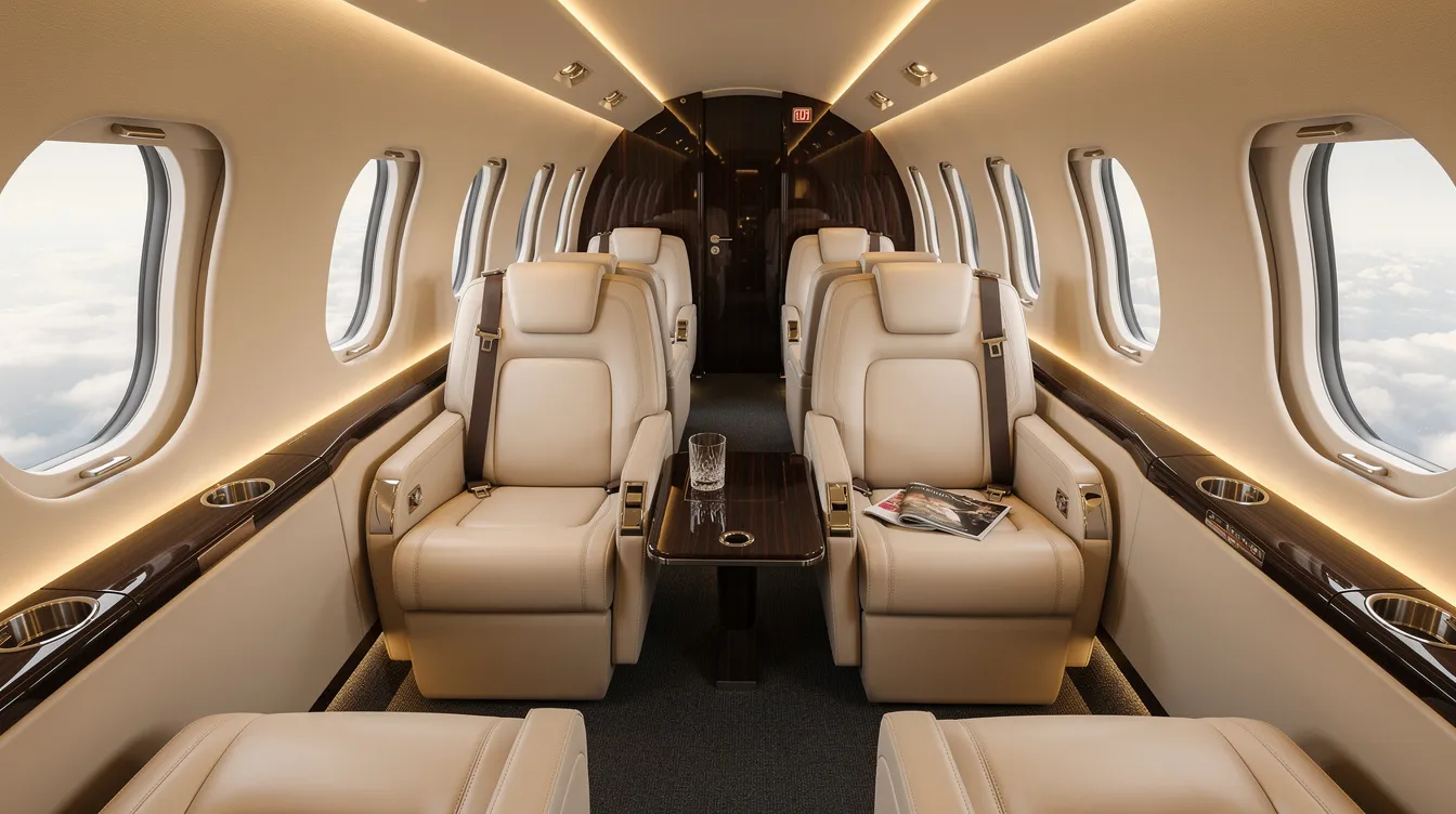 The image shows the interior of a luxury small jet cabin featuring cream leather seats and warm ambient lighting, designed for comfort and elegance in private aviation. This sophisticated space reflects the high standards of the Honda Aircraft Company, showcasing the luxurious experience offered by the HondaJet Elite II.
