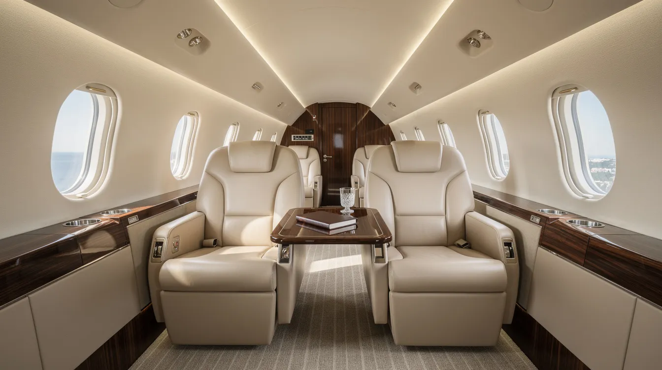 The image shows the interior of a luxury light jet cabin featuring cream leather seats complemented by elegant wood accents, illustrating the sophisticated design of the HondaJet Elite II. This well-equipped aircraft exemplifies private aviation with its innovative cabin management system and enhanced fuel efficiency.