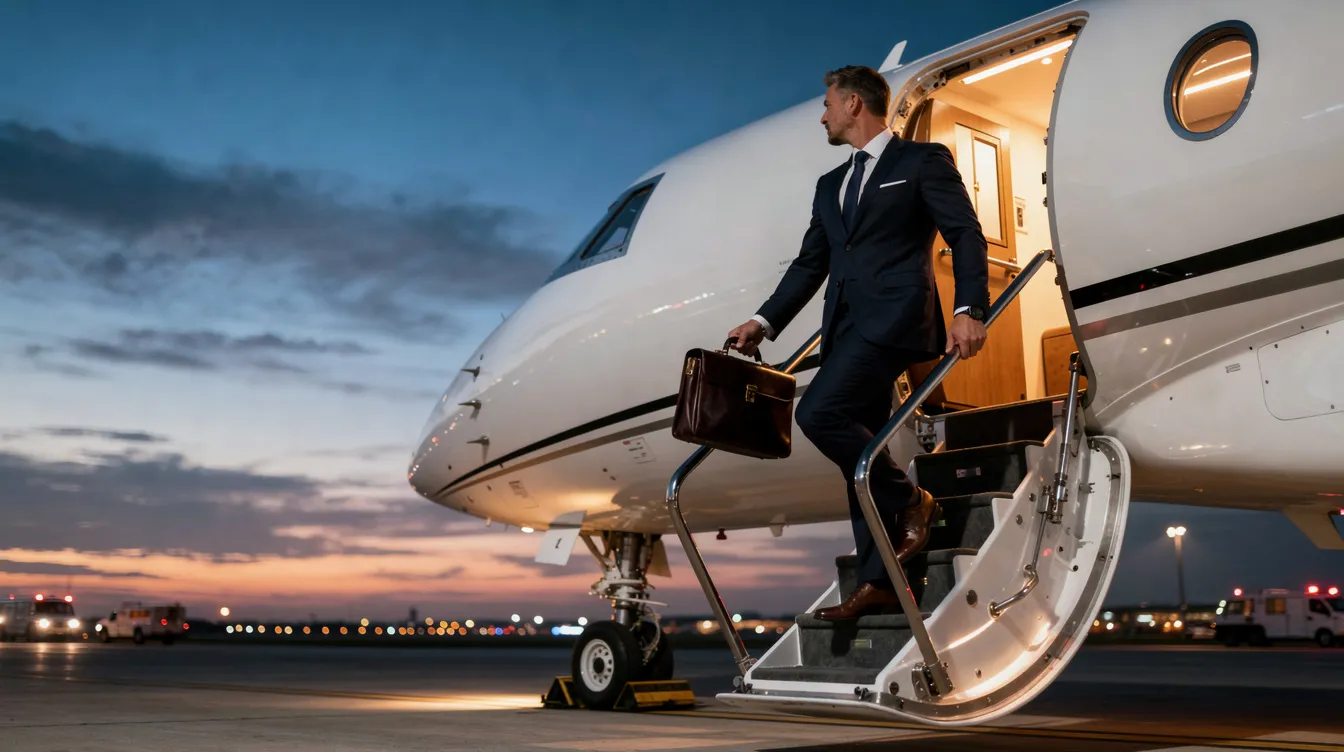 A business traveler in a tailored suit is stepping onto a well-equipped HondaJet Elite II private jet at dusk, showcasing the elegance and sophistication of private aviation. The scene highlights the innovative light jet's sleek design and class-leading efficiency, perfect for sophisticated buyers looking for luxury and performance.