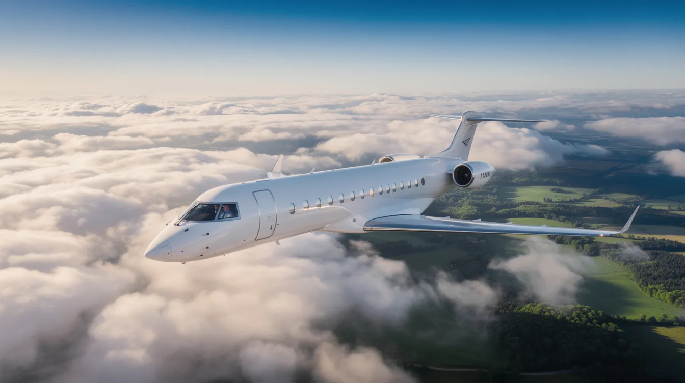 A sleek modern private jet soars at high altitude above a vibrant green landscape, with fluffy white clouds drifting below. This aircraft showcases advanced avionics and is designed for discerning travelers seeking luxury and comfort during long flights.