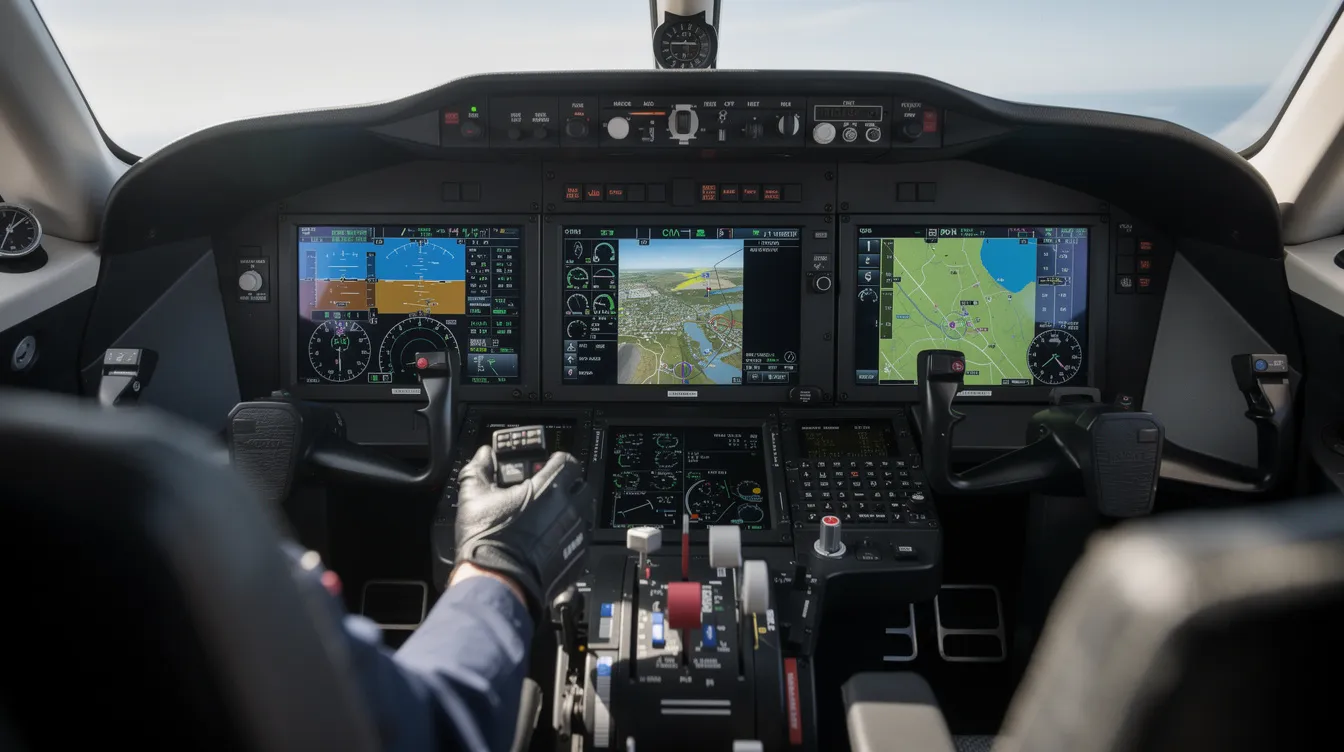 The image depicts a modern flight deck of a private jet, featuring multiple digital screens displaying advanced avionics, with a pilot's hands on the fly-by-wire controls, ready for takeoff. The cockpit showcases the latest technology designed to enhance pilot workload and ensure a smooth flying experience.