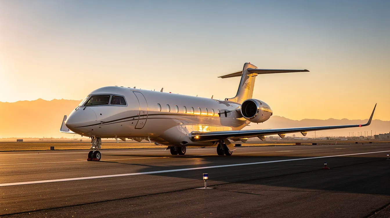 A sleek ultra-long-range private jet is taxiing on a runway during golden hour, with majestic mountains in the background. This aircraft, designed for discerning travelers, features advanced avionics and a spacious cabin that ensures comfort during long flights.