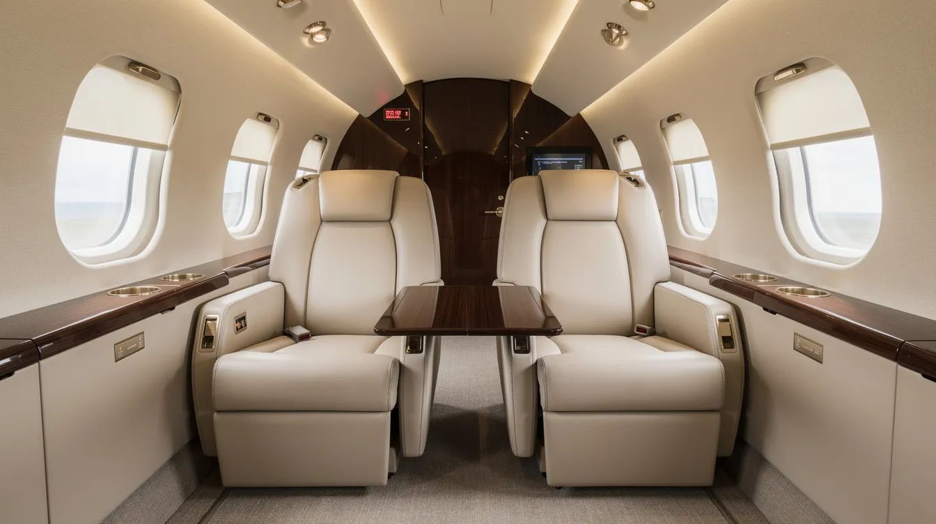 The image depicts the interior of a midsize private jet cabin featuring cream leather seats arranged in a club configuration with a table in between, showcasing the luxurious and spacious design ideal for private flights and family vacations. The modern amenities and comfortable seating provide an inviting atmosphere for relaxation and conversation during travel.