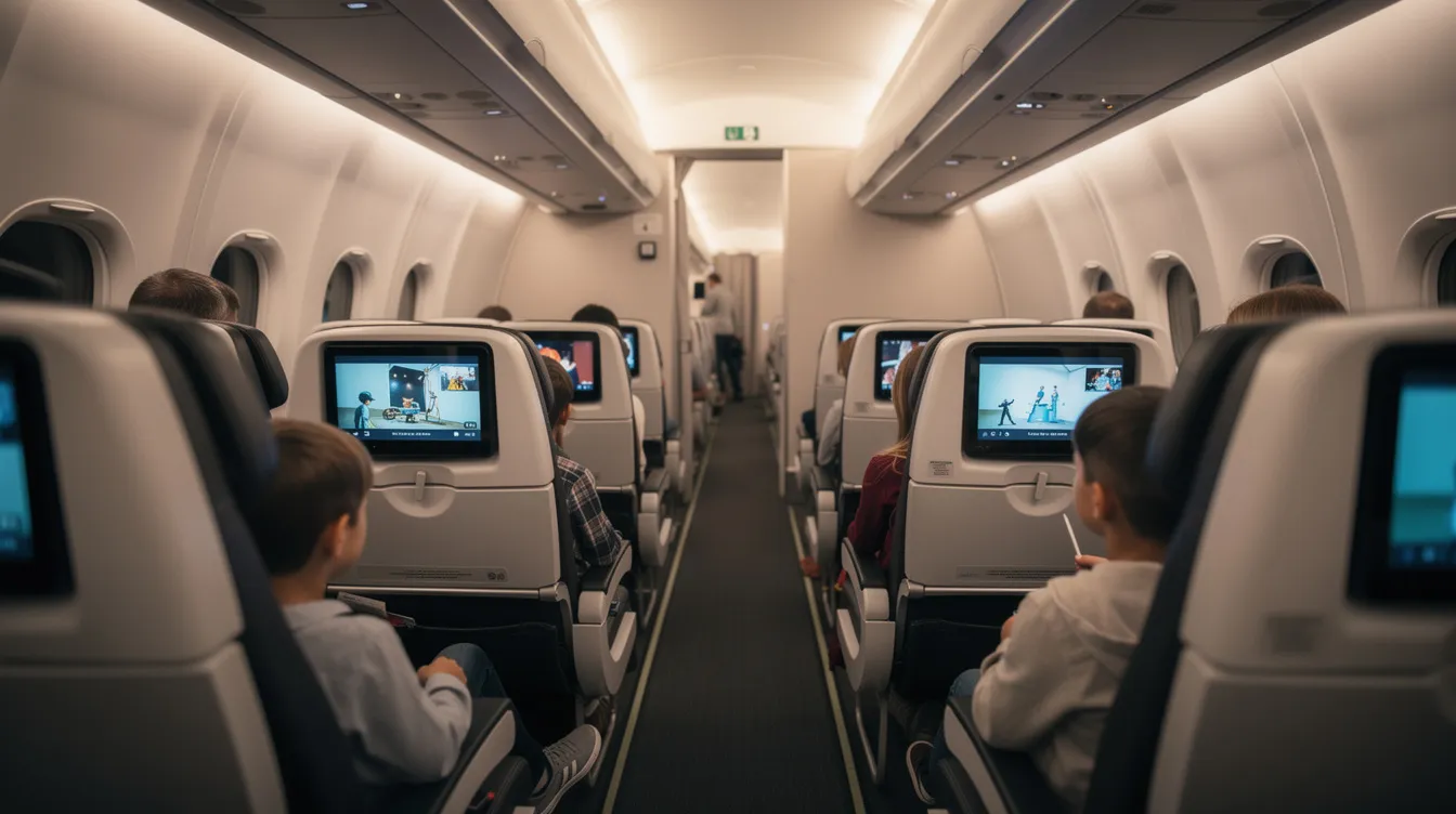 A group of children is enjoying a movie on a large screen inside a modern aircraft cabin, which features soft ambient lighting, creating a cozy atmosphere for private jet travel. This spacious cabin, designed for family vacations, showcases the luxury and comfort of private aviation.
