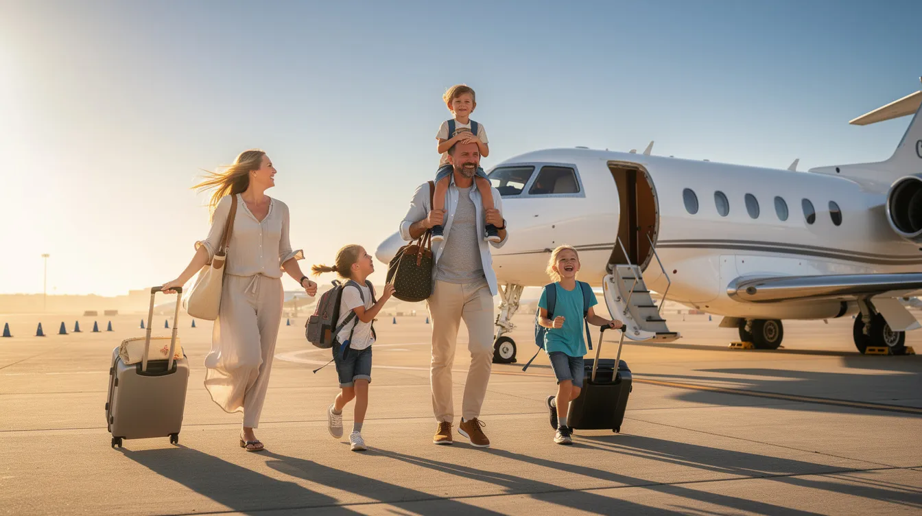 A family of five is walking across a sunlit tarmac toward a white private jet, with the father carrying a child on his shoulders and the rest of the family holding bags. This scene captures the essence of family travel, highlighting the convenience and luxury of private aviation for their next vacation.