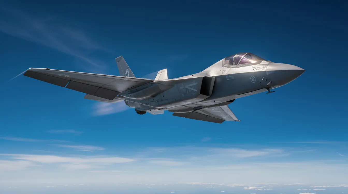 A sleek modern fighter jet is banking sharply against a vivid blue sky, with sunlight reflecting off its fuselage, showcasing the aircraft's engineering marvel and stealth technology. This stunning image captures the beauty and power of such a plane as it maneuvers gracefully through the skies.
