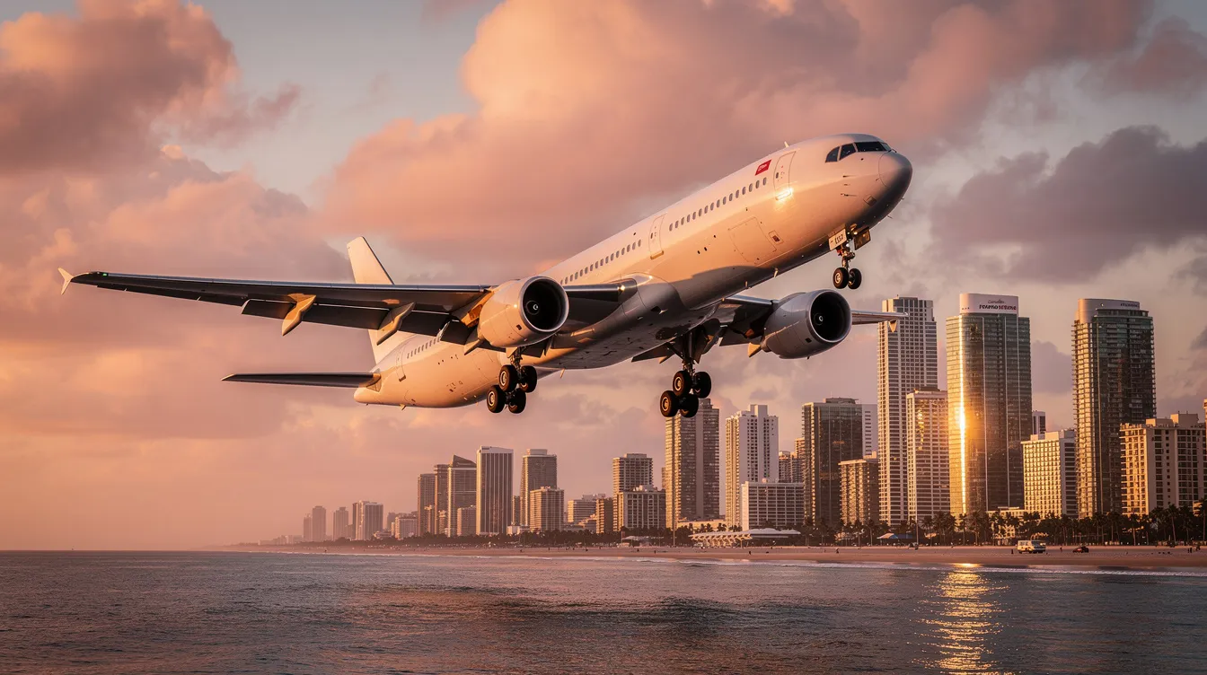 A large four-engine passenger aircraft, resembling a jumbo jet, is on final approach to land, silhouetted against the warm glow of a sunset that highlights the coastal city skyline below. The scene captures the beauty of aviation as this engineering marvel prepares to carry its passengers safely to the ground.